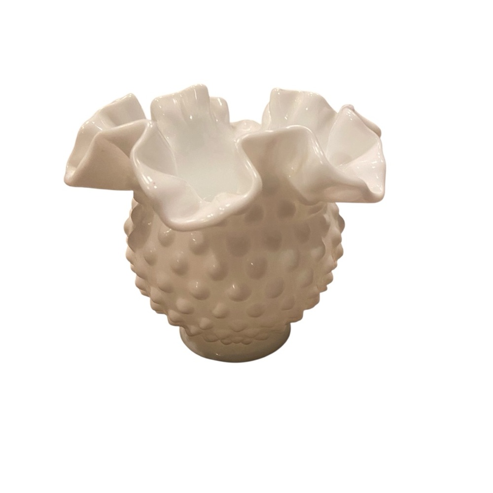 Vintage Hobnail White Milk Glass Porcelain Vase With Scalloped Rim 4” Candy Dish